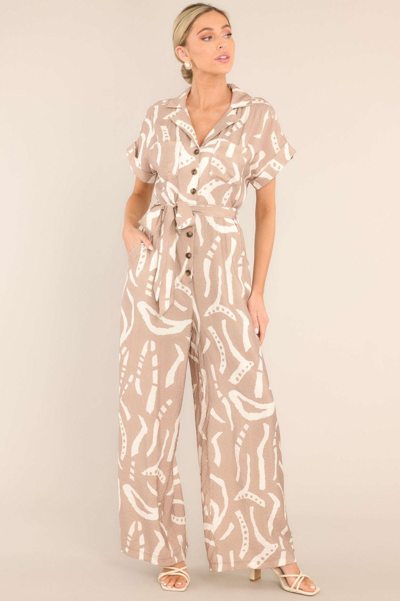 Living In Harmony Taupe Button Front Jumpsuit - Red Dress