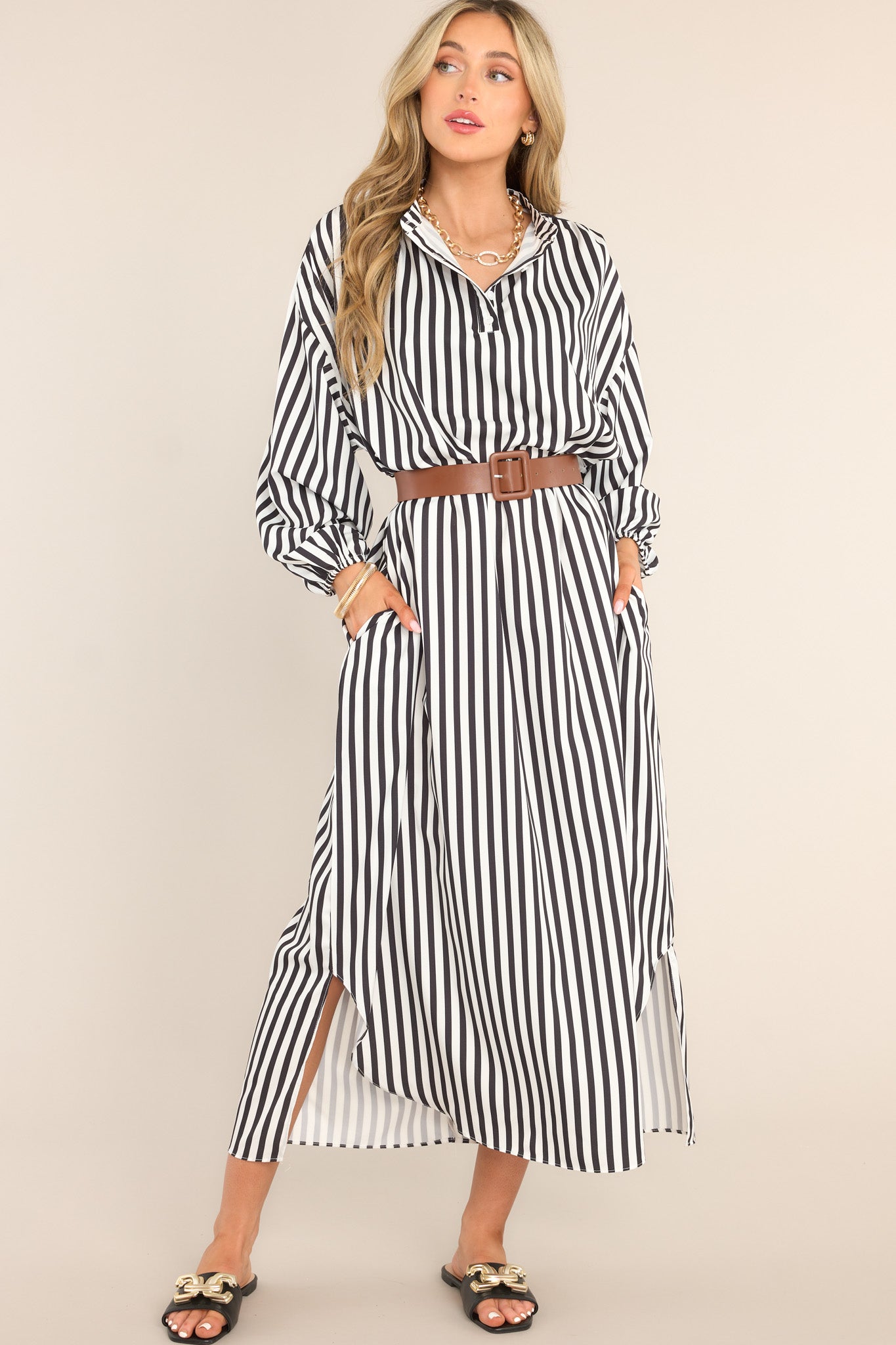 Make Haste Black & White Striped Dress - Red Dress