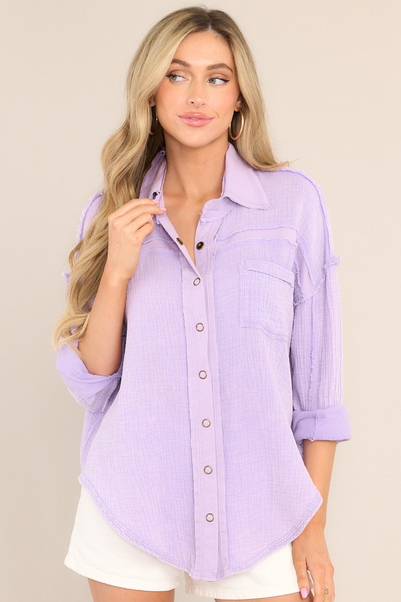 Make Life Great Lavender Button Front Top - Red Dress