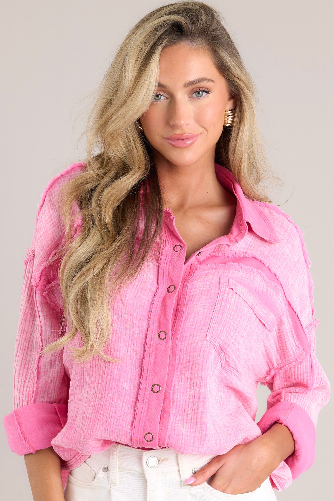 Make Life Great Pink Button Front Top - Red Dress