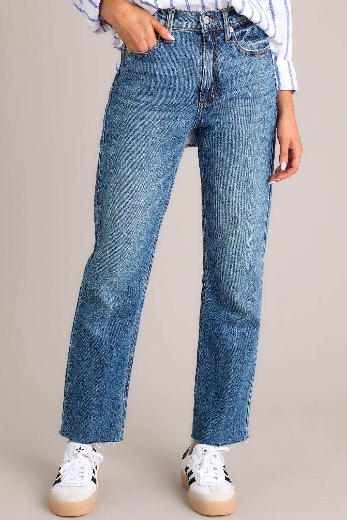 Medium Wash Raw Hem Straight Leg Jeans - Red Dress