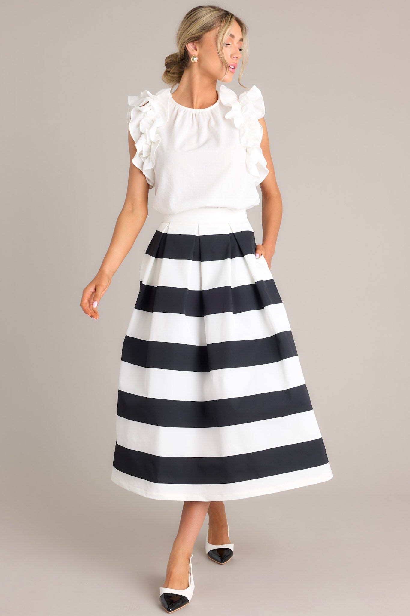 Memories in Focus Black & White Midi Skirt - Red Dress