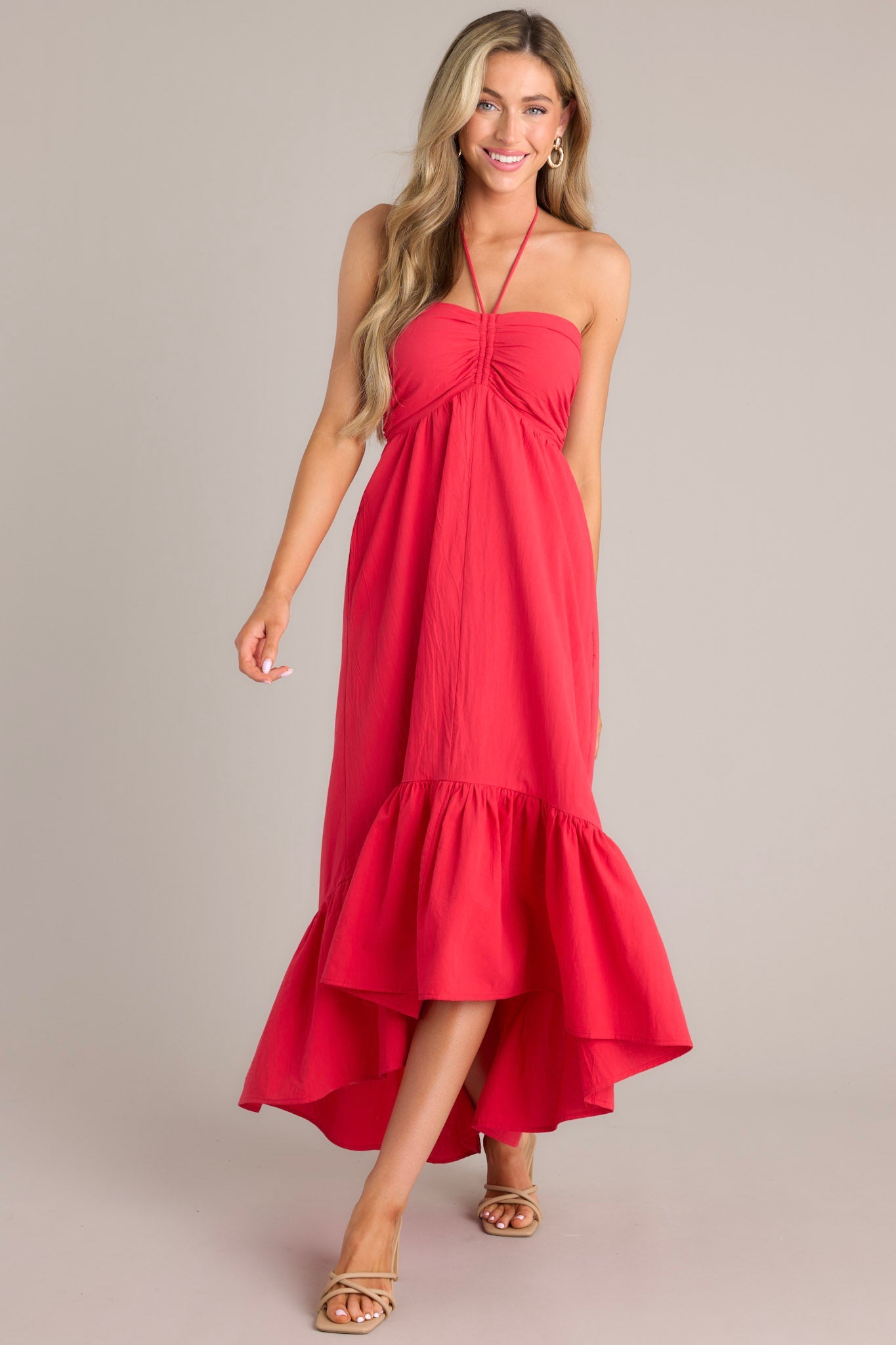 Memory Lane Red Halter Midi Dress - Red Dress