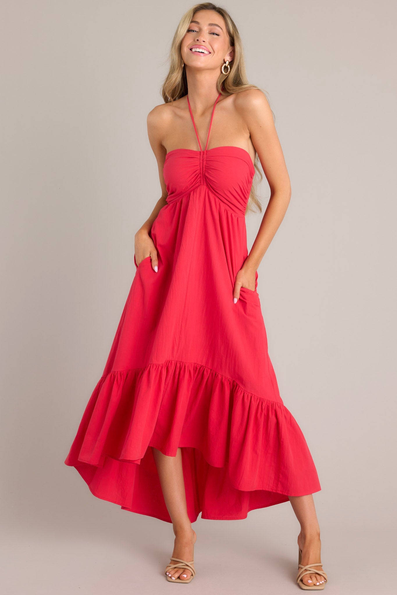 Memory Lane Red Halter Midi Dress - Red Dress