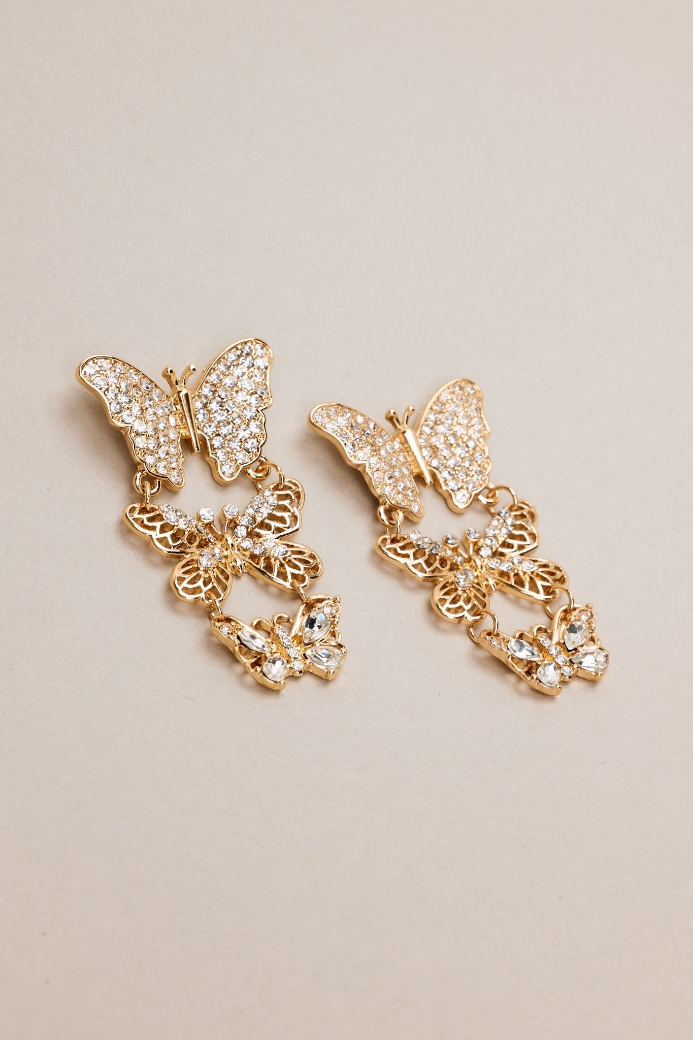 Monarch Majesty Gold Rhinestone Butterfly Drop Earrings - Red Dress