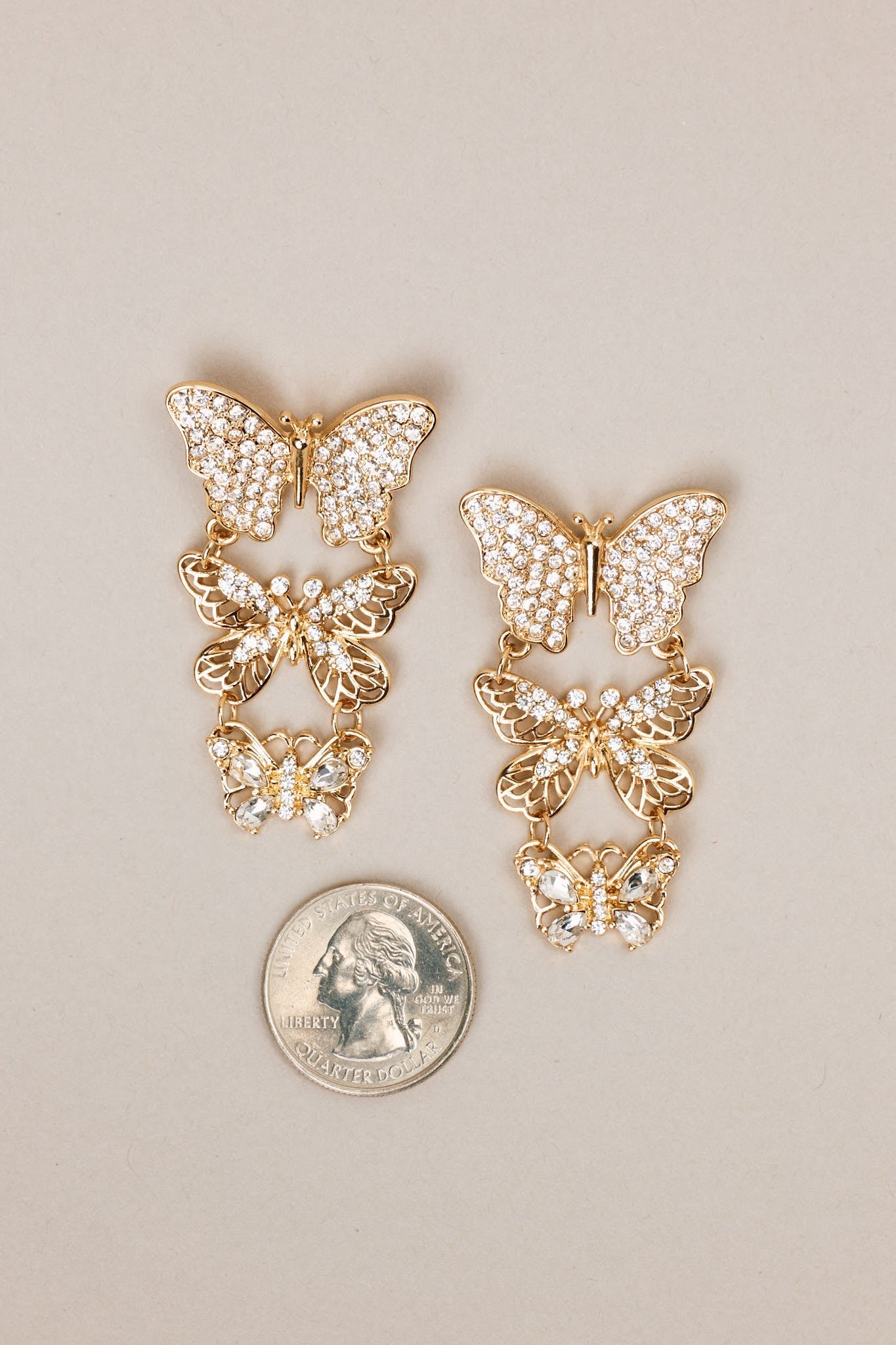 Monarch Majesty Gold Rhinestone Butterfly Drop Earrings - Red Dress