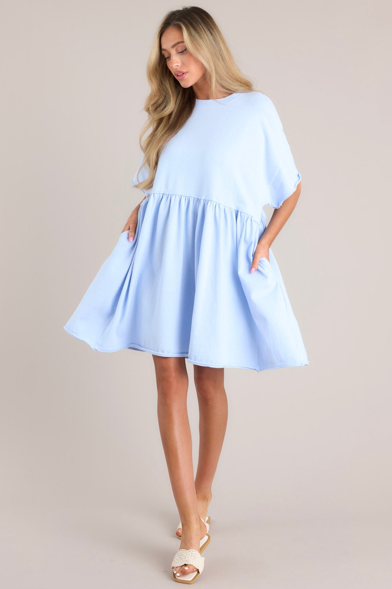 My Inner Peace Light Blue Mini T-Shirt Dress - Red Dress