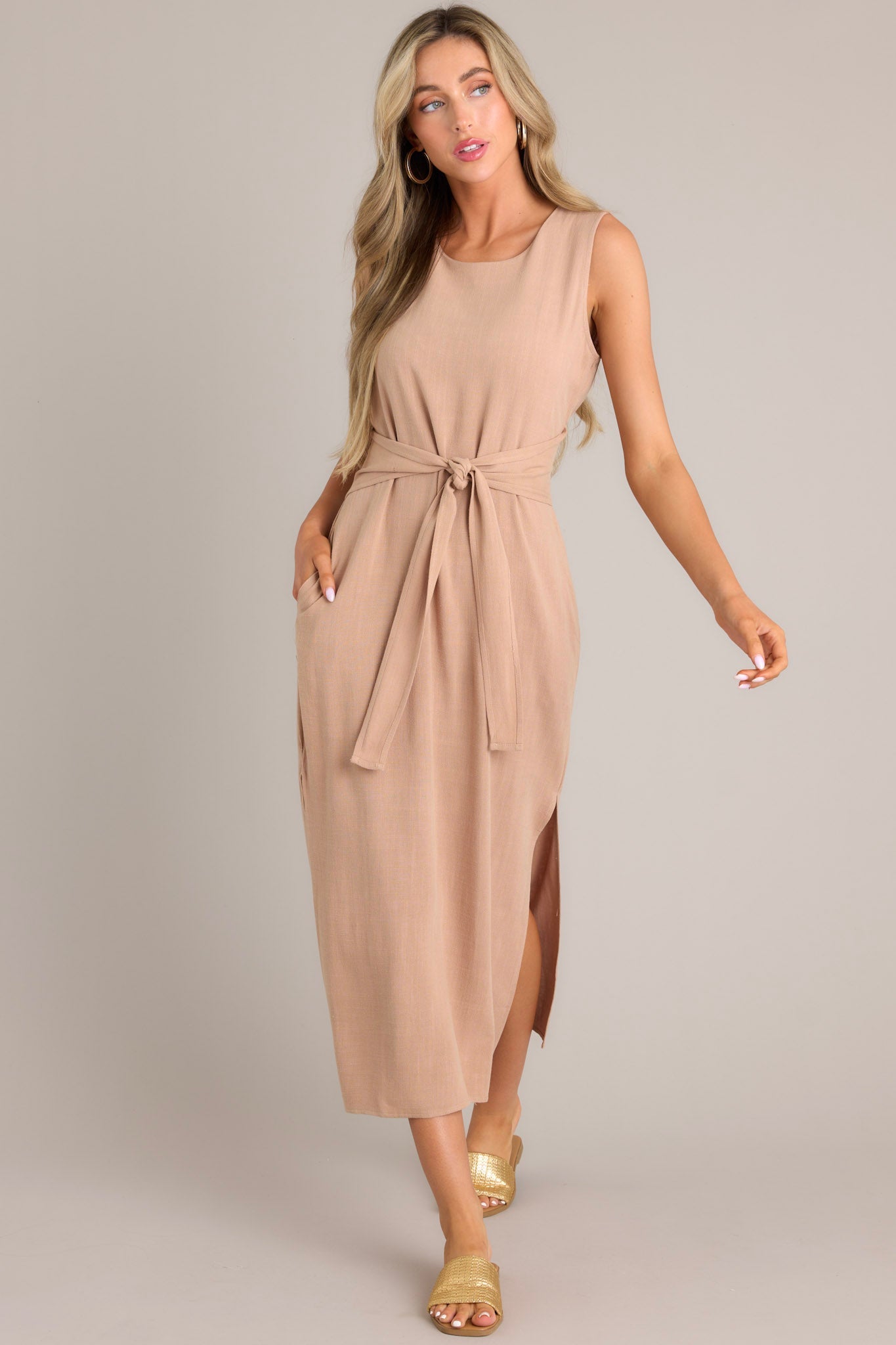 Nurturing Spirit Tan Waist Tie Maxi Dress (BACKORDER MAY) - Red Dress