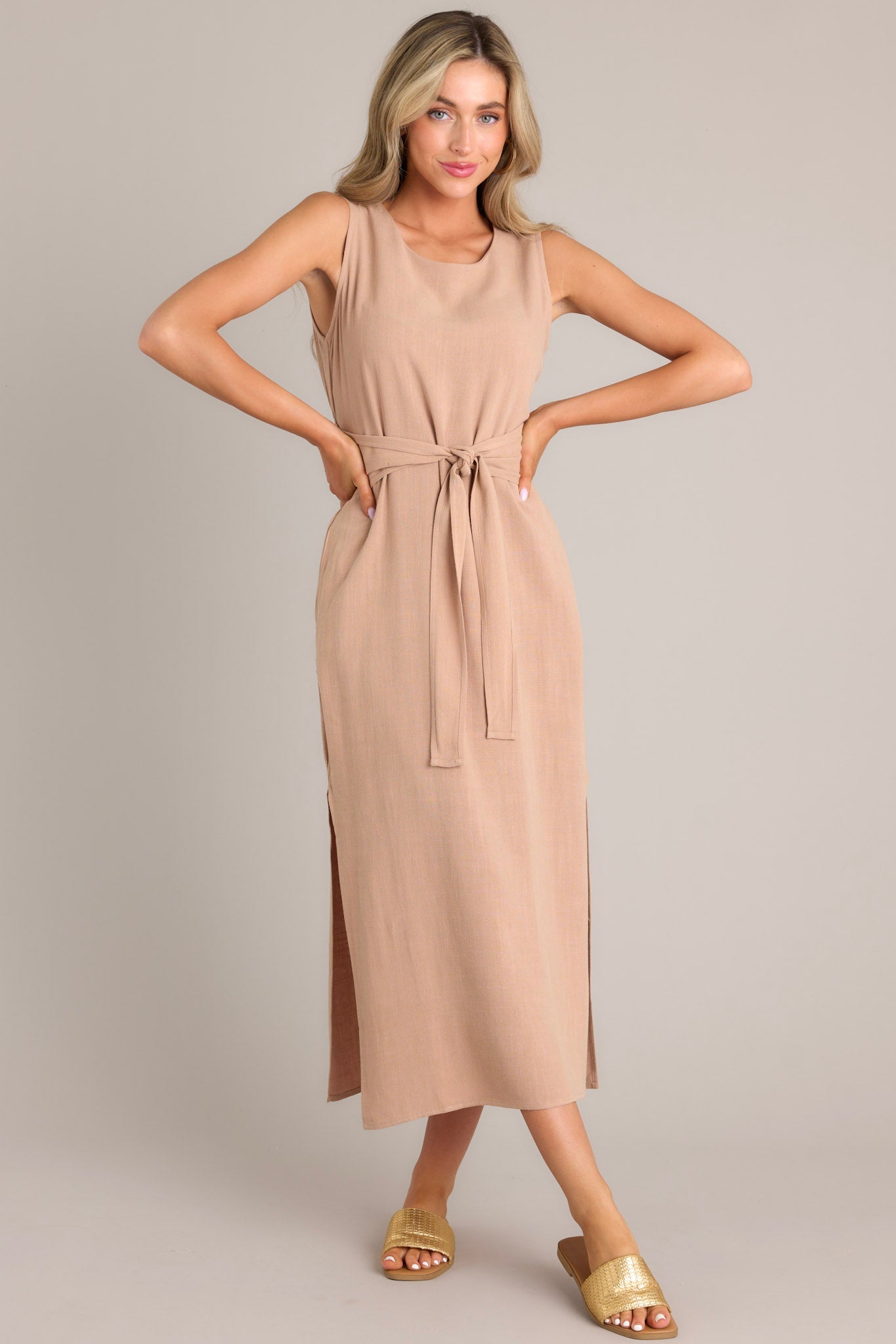 Nurturing Spirit Tan Waist Tie Maxi Dress (BACKORDER MAY) - Red Dress