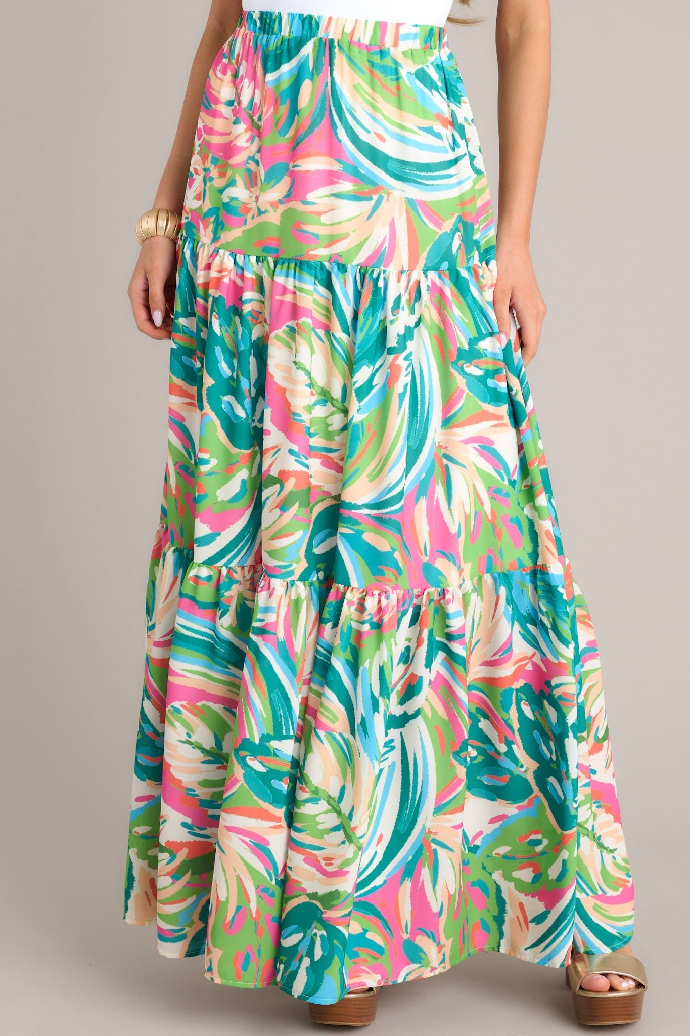 Oceanic Mirage Teal Tropical Print Maxi Skirt - Red Dress