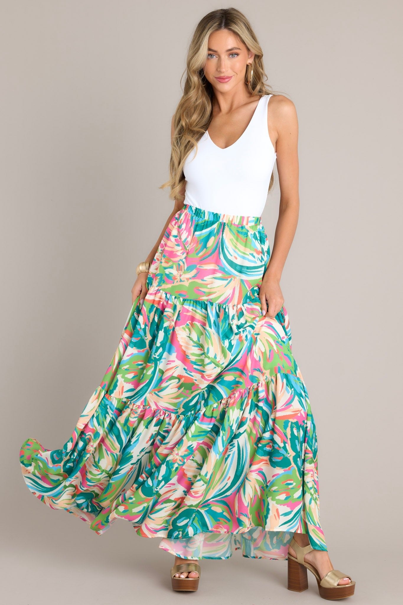 Oceanic Mirage Teal Tropical Print Maxi Skirt - Red Dress