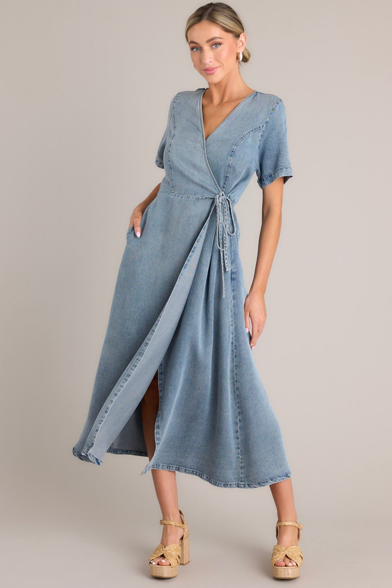 Odyssey Within Medium Wash Chambray Wrap Midi Dress - Red Dress