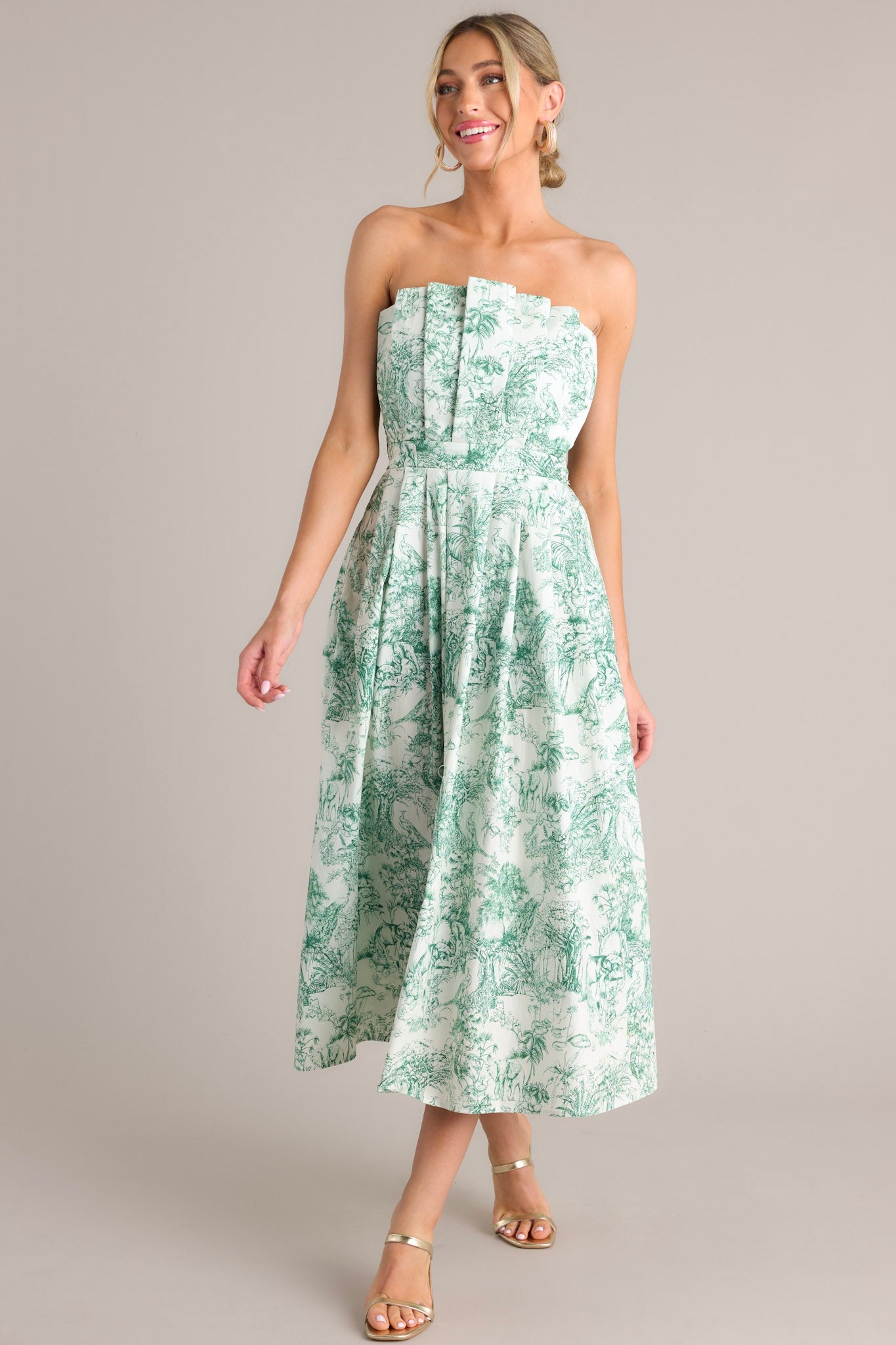 Our Life Together Green Toile Strapless Midi Dress - Red Dress