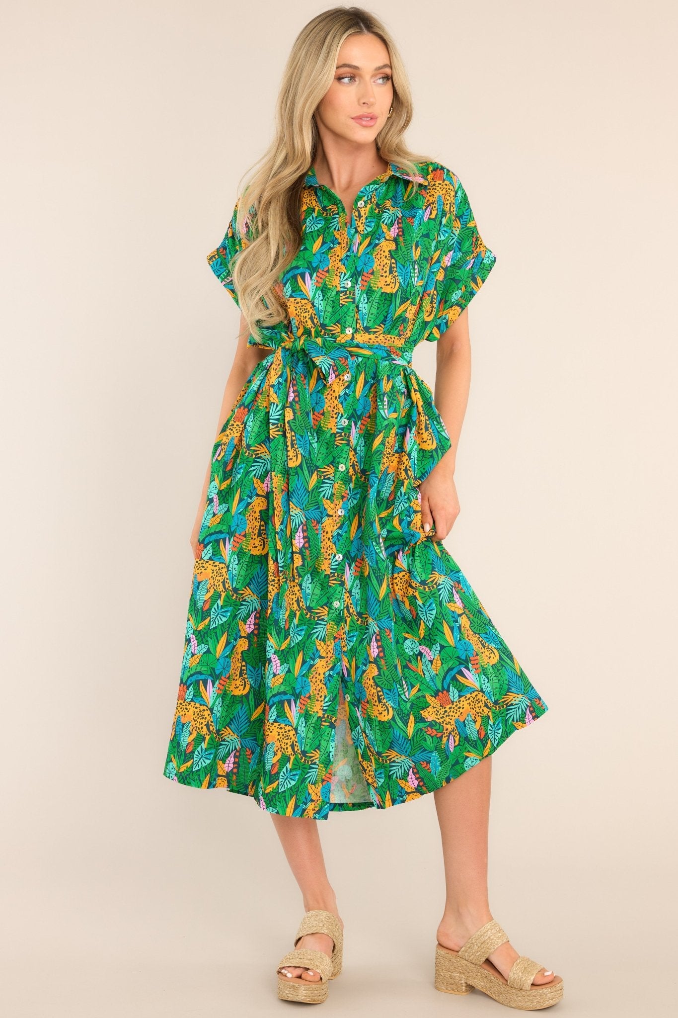 Out Of The Woods Green Print Midi Dress - Red Dress