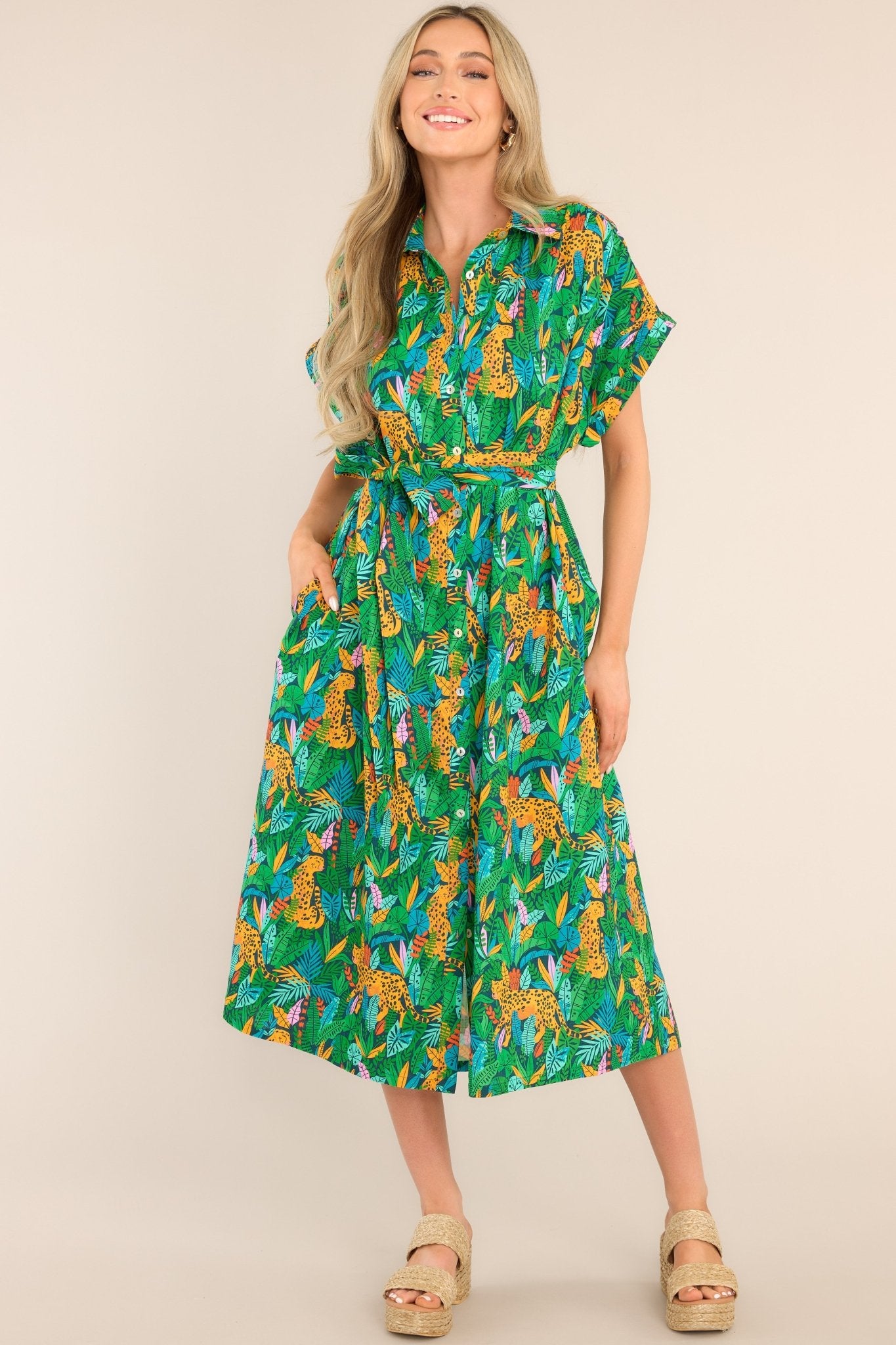 Out Of The Woods Green Print Midi Dress - Red Dress