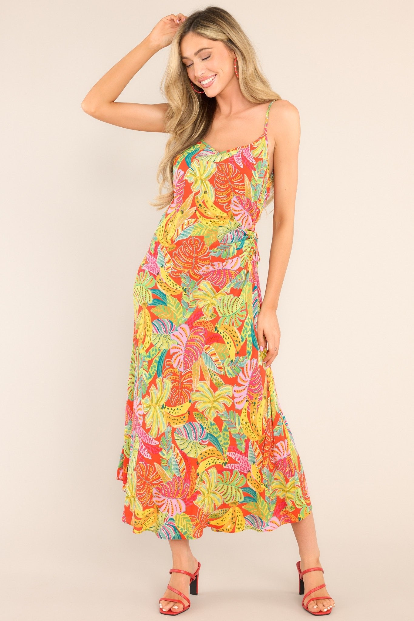 Paradise Found Red Tropical Print Midi Dress - Red Dress