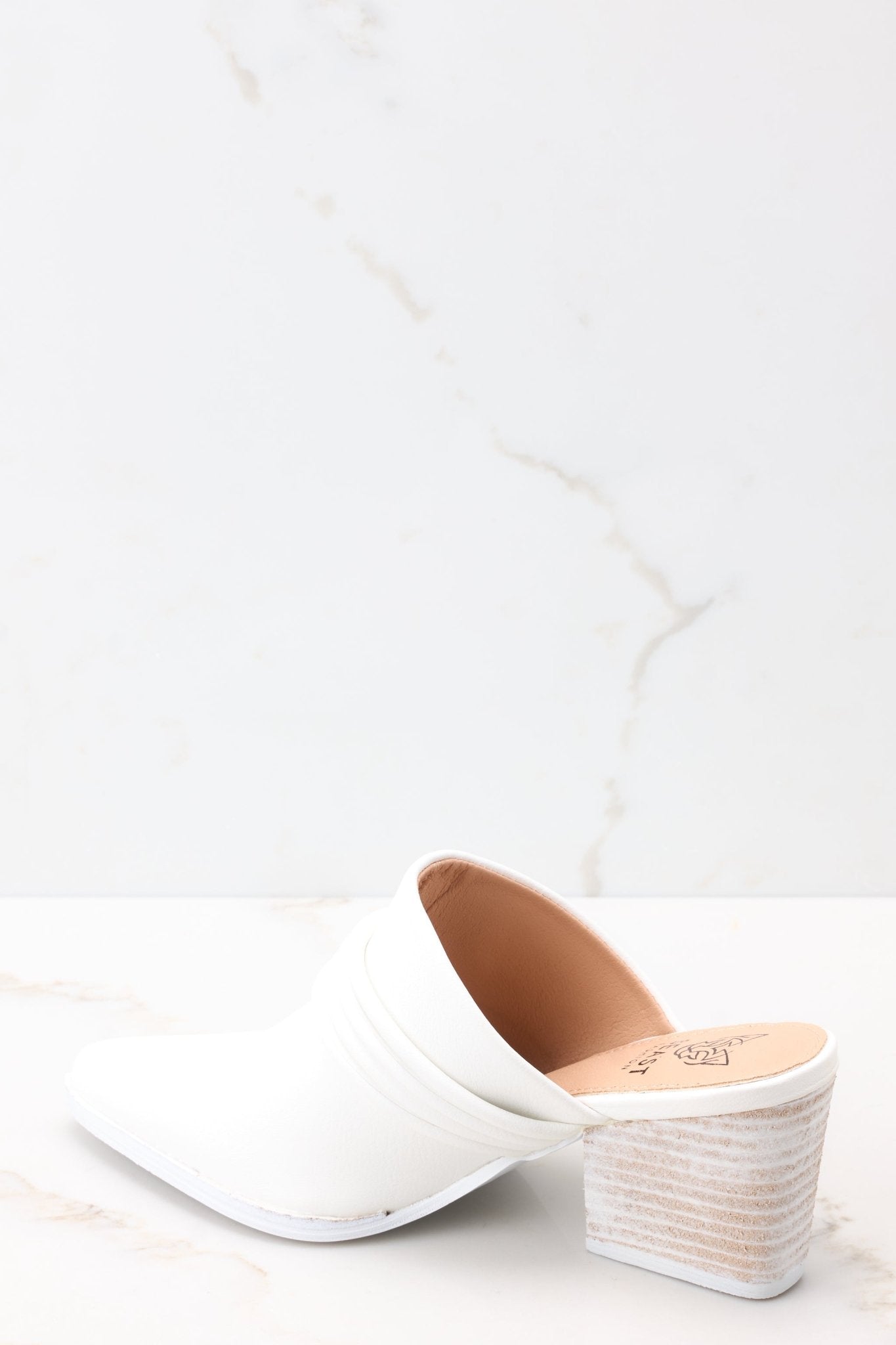 Angled back view of these shoes that feature a pointed toe, a braided detail across the top of the foot, a slip-on, open back design, and a block heel.