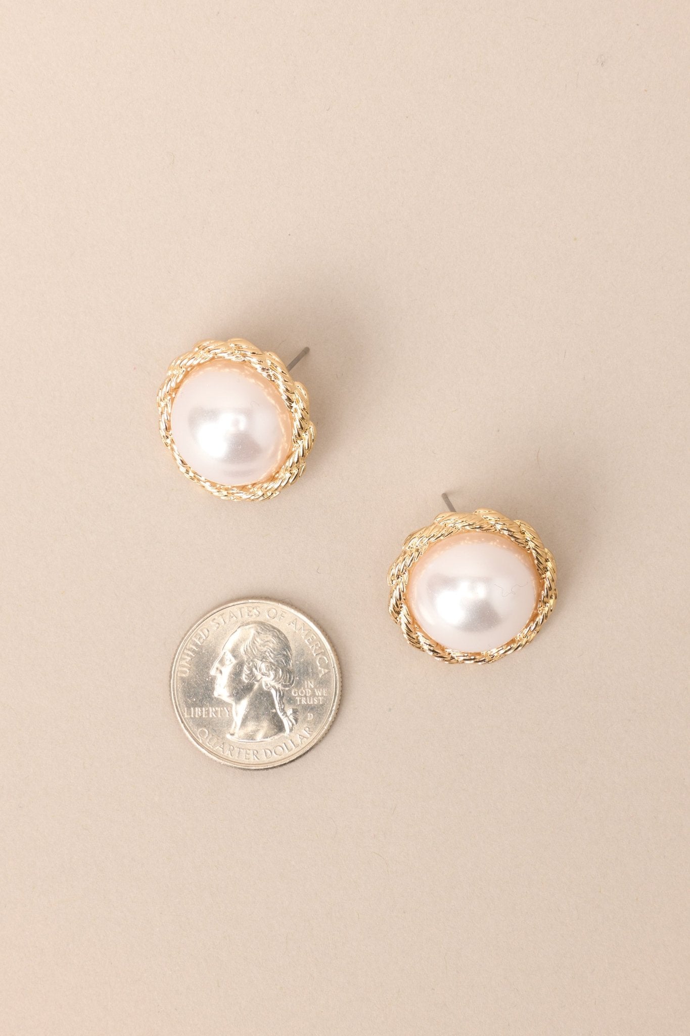 Peaceful Mind Gold and Pearl Stud Earrings - Red Dress