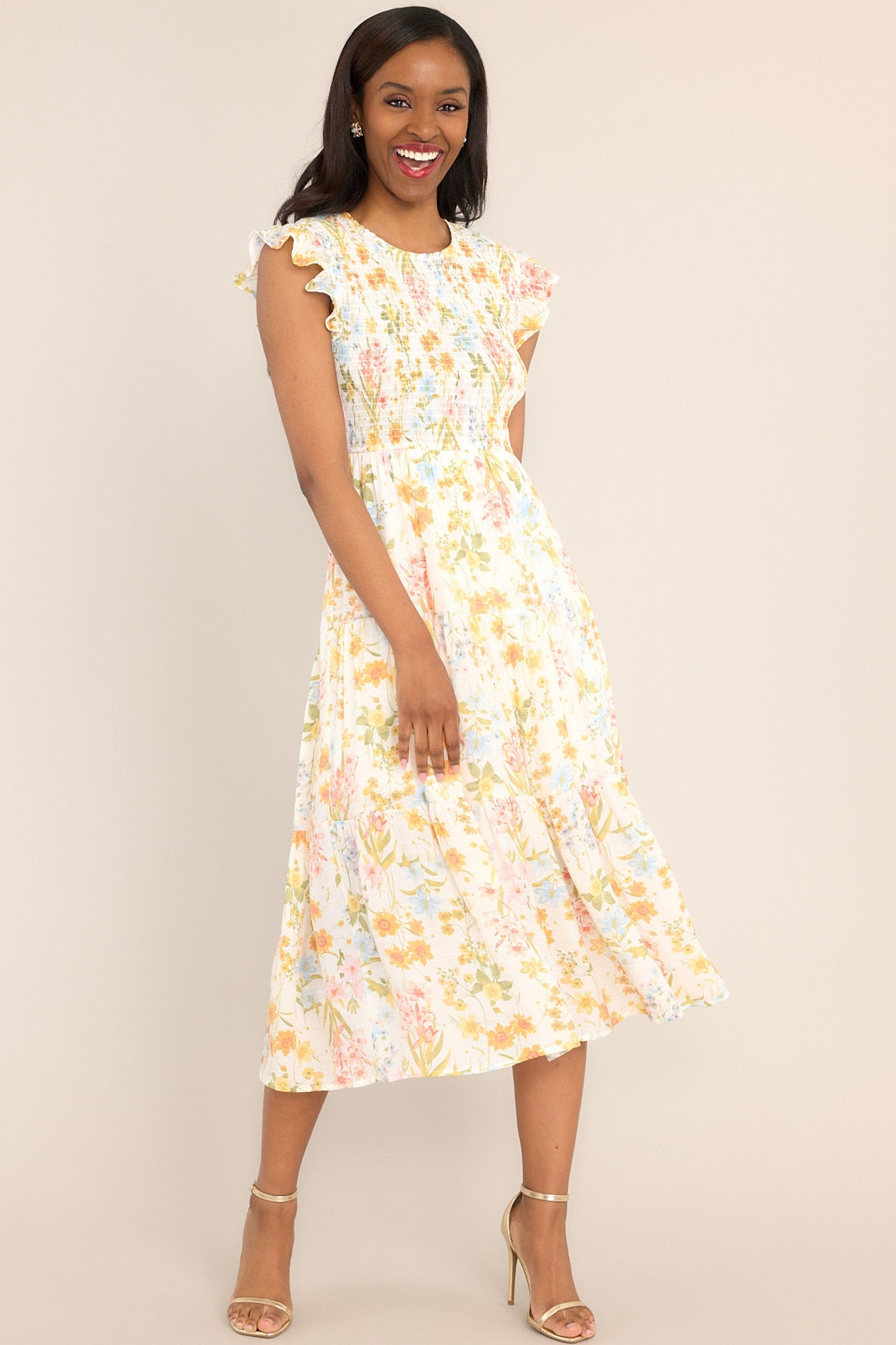 Petal Power Ivory Floral Smocked Midi Dress (BACKORDER APRIL) - Red Dress