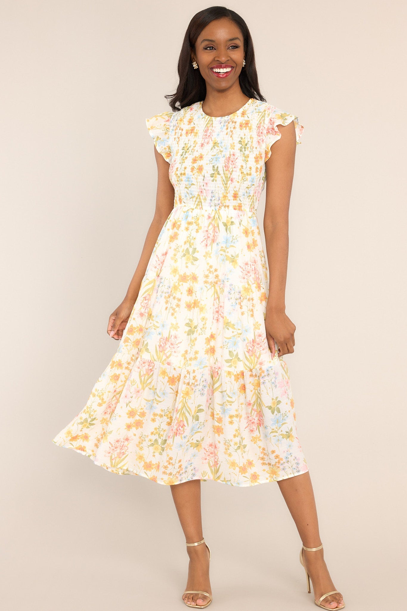 Petal Power Ivory Floral Smocked Midi Dress (BACKORDER APRIL) - Red Dress