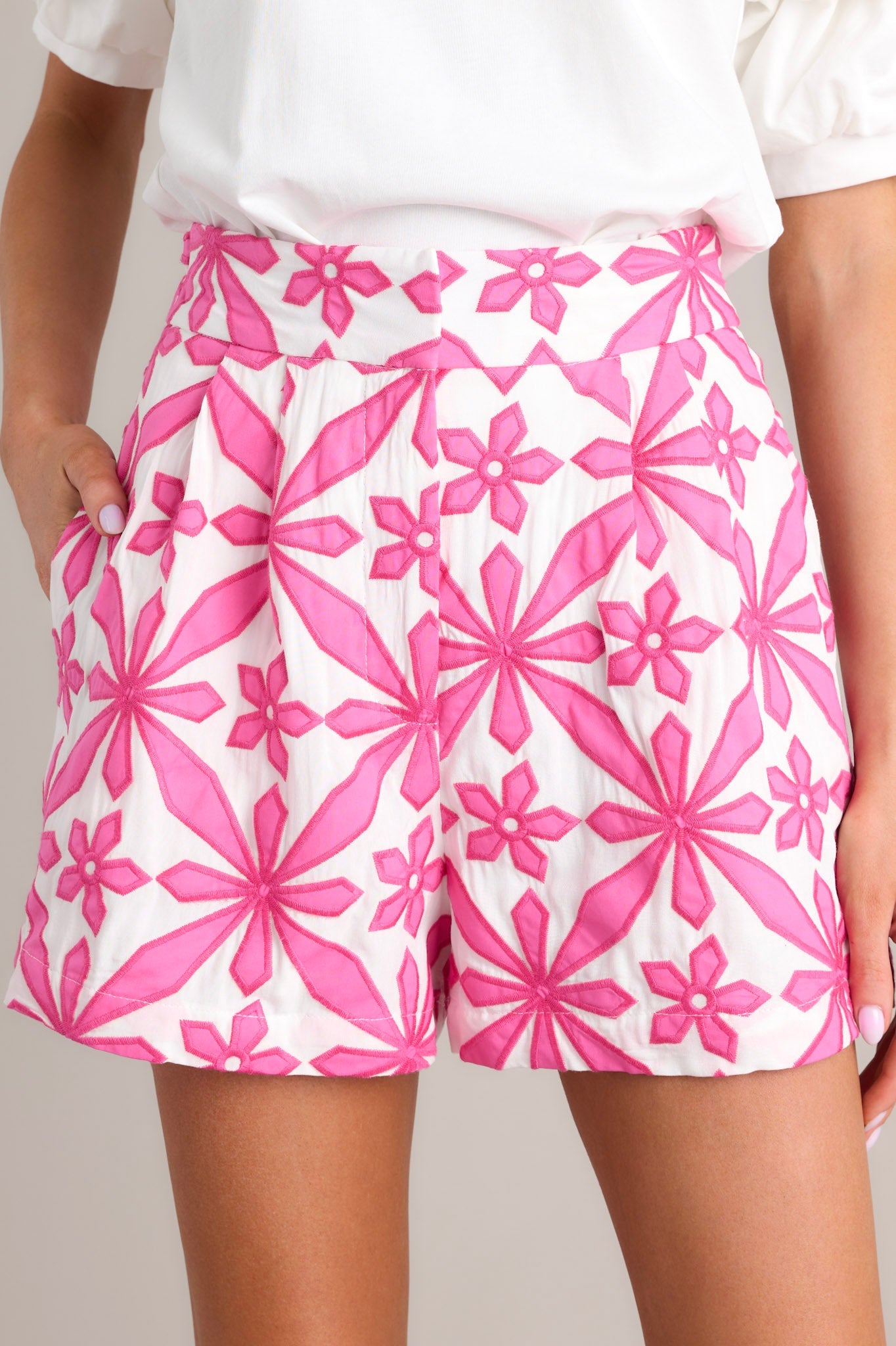 Petal Prism Pink Geometric Floral Embroidered Shorts - Red Dress