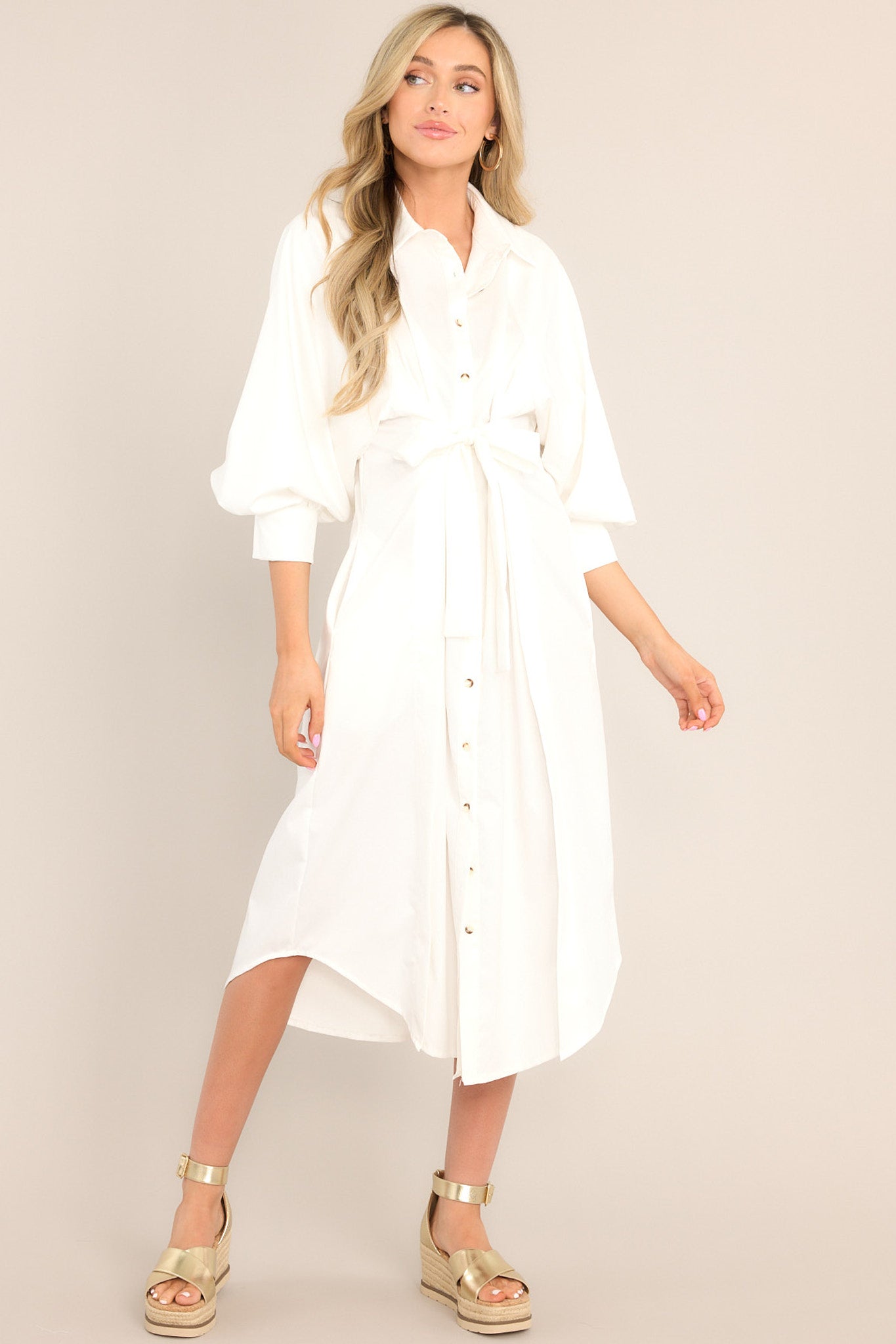 Picnic Perfect White Button Front Midi Dress - Red Dress