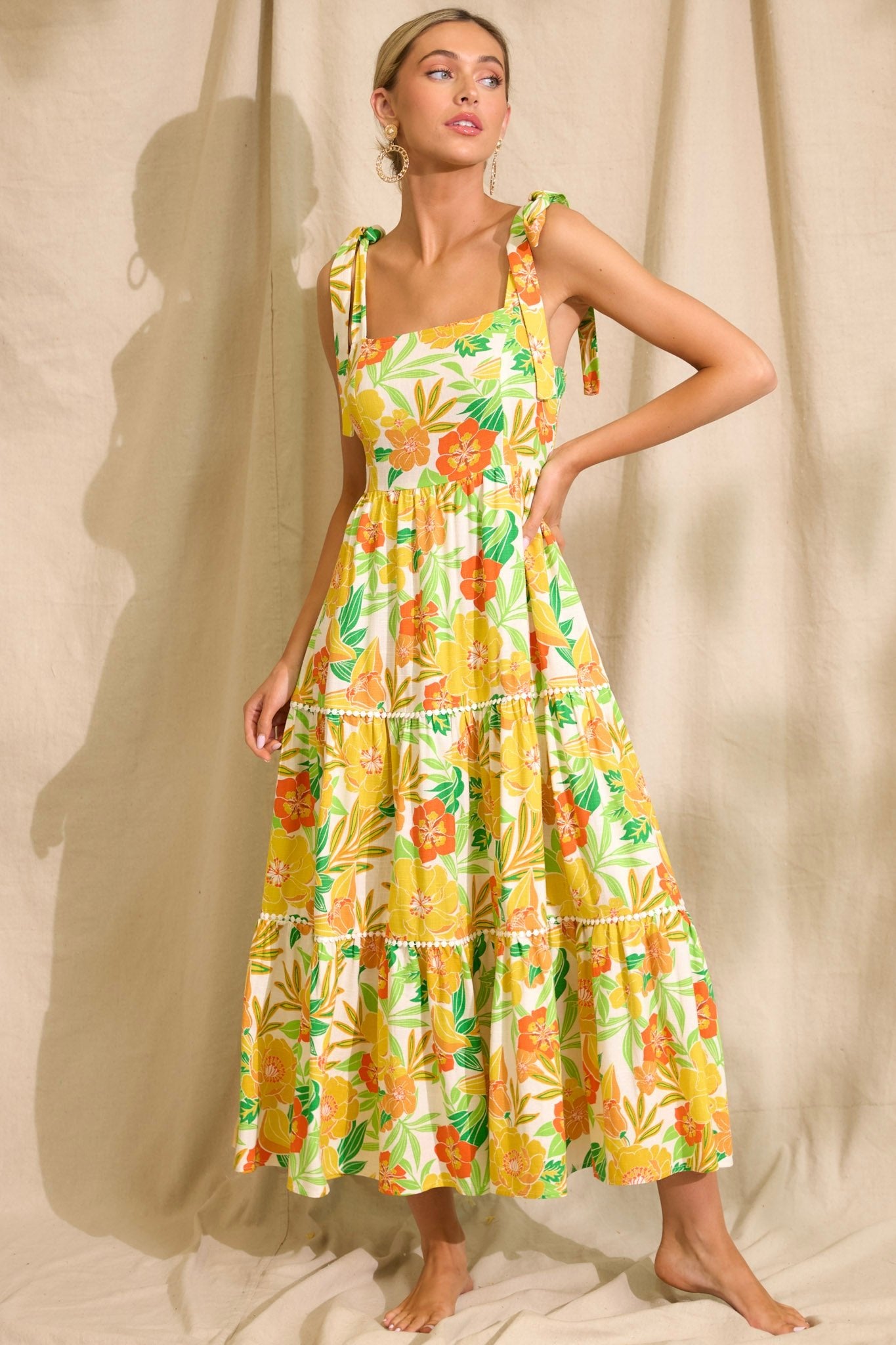 Planting Seeds Yellow Floral Linen Maxi Dress - Red Dress