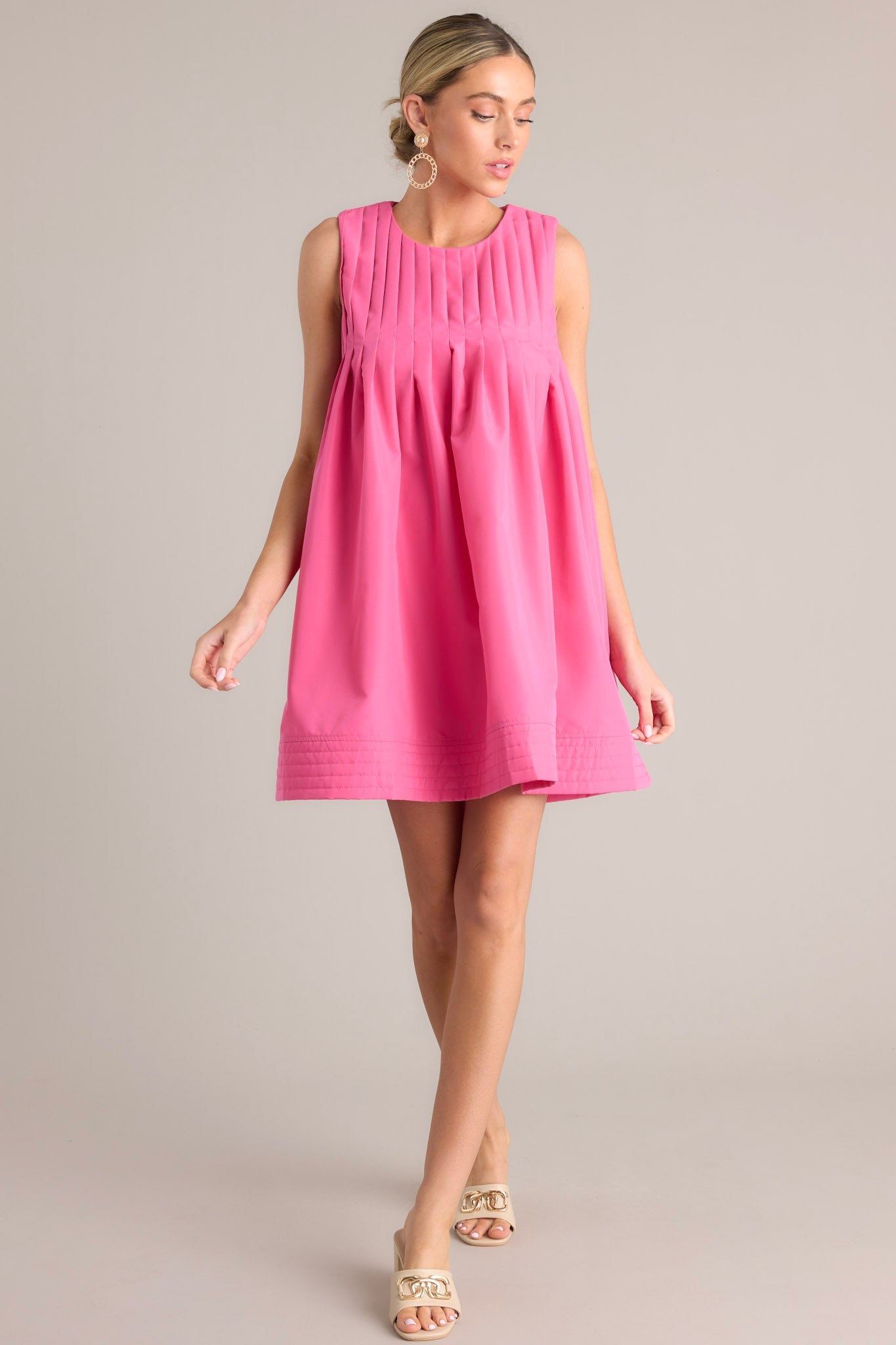 Pleated Petal Hot Pink Mini Shift Dress - Red Dress