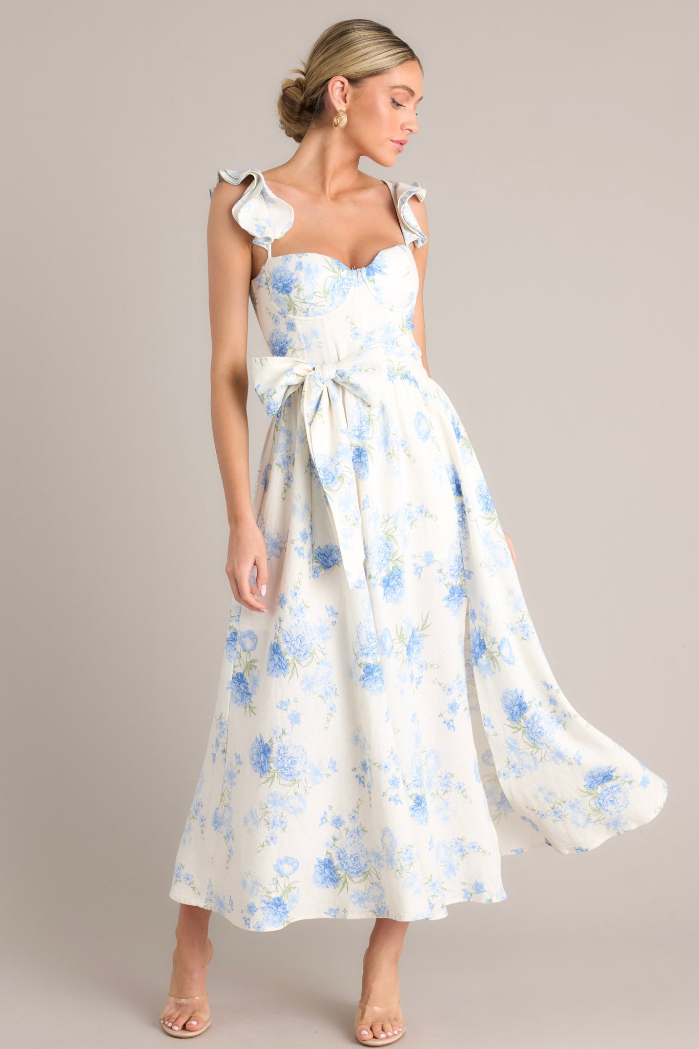 Porcelain Bloom Ivory Floral Bustier Midi Dress (BACKORDER JULY) - Red Dress